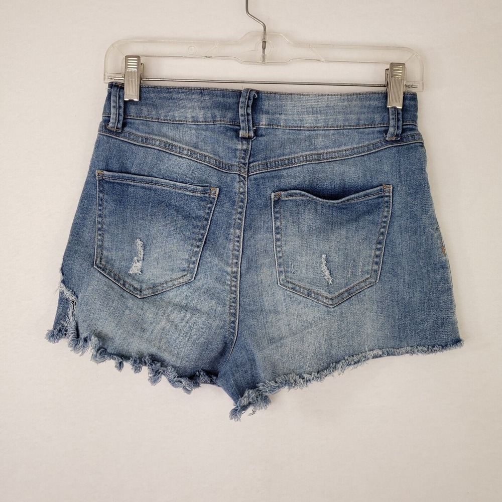 Rewash Denim Shorts Juniors 3 High Rise Button Fly Frayed Hem Distressed Blue - Picture 2 of 9